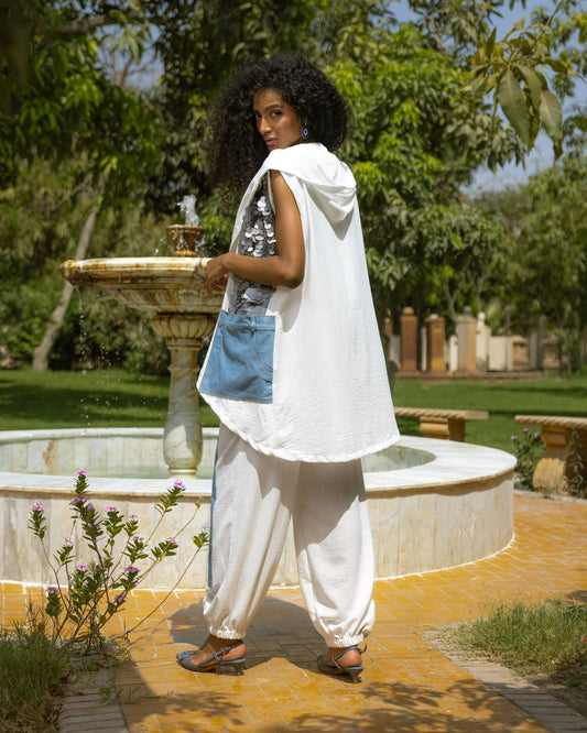White sequins denim vest set