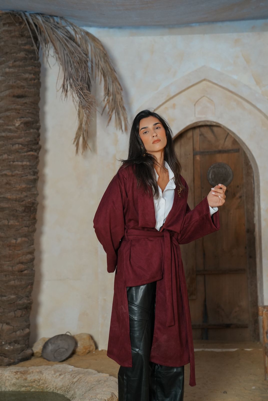 Burgundy suede belted coat
