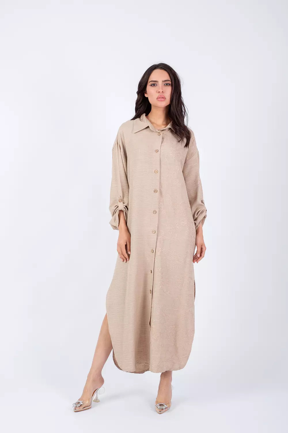 Embroidered beige shirt dress