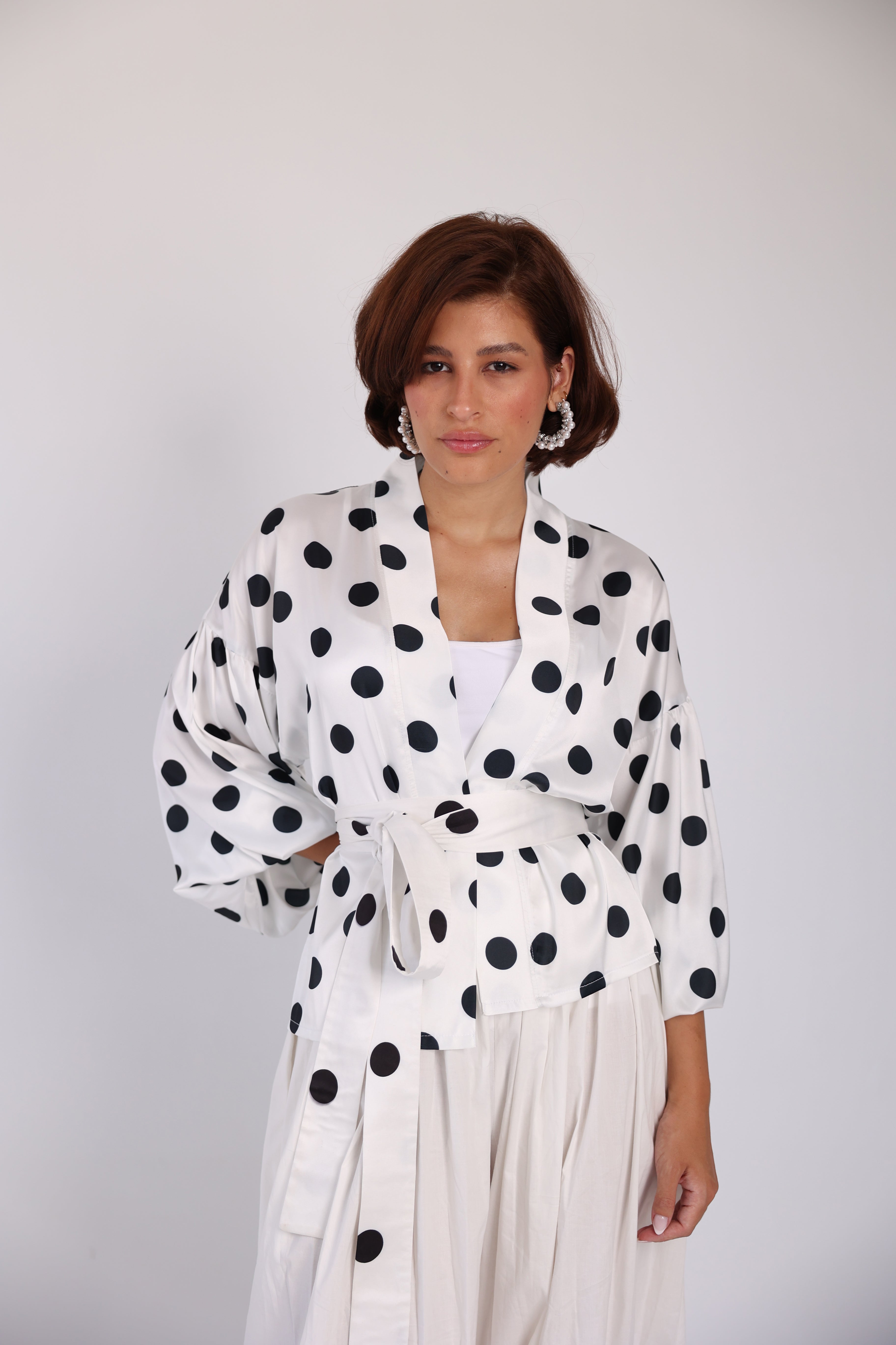 Polka wrap balloon sleeve blouse