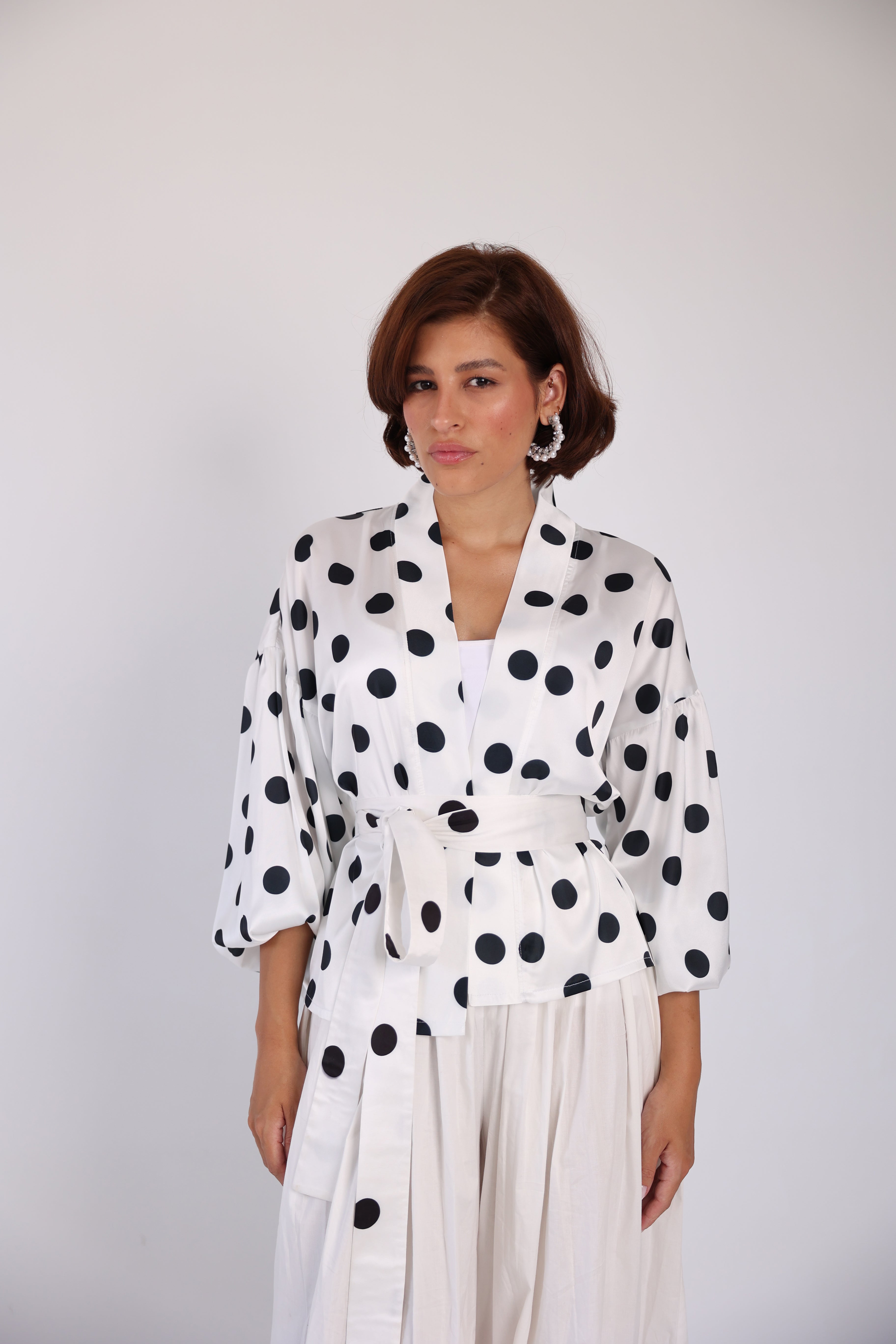 Polka wrap balloon sleeve blouse