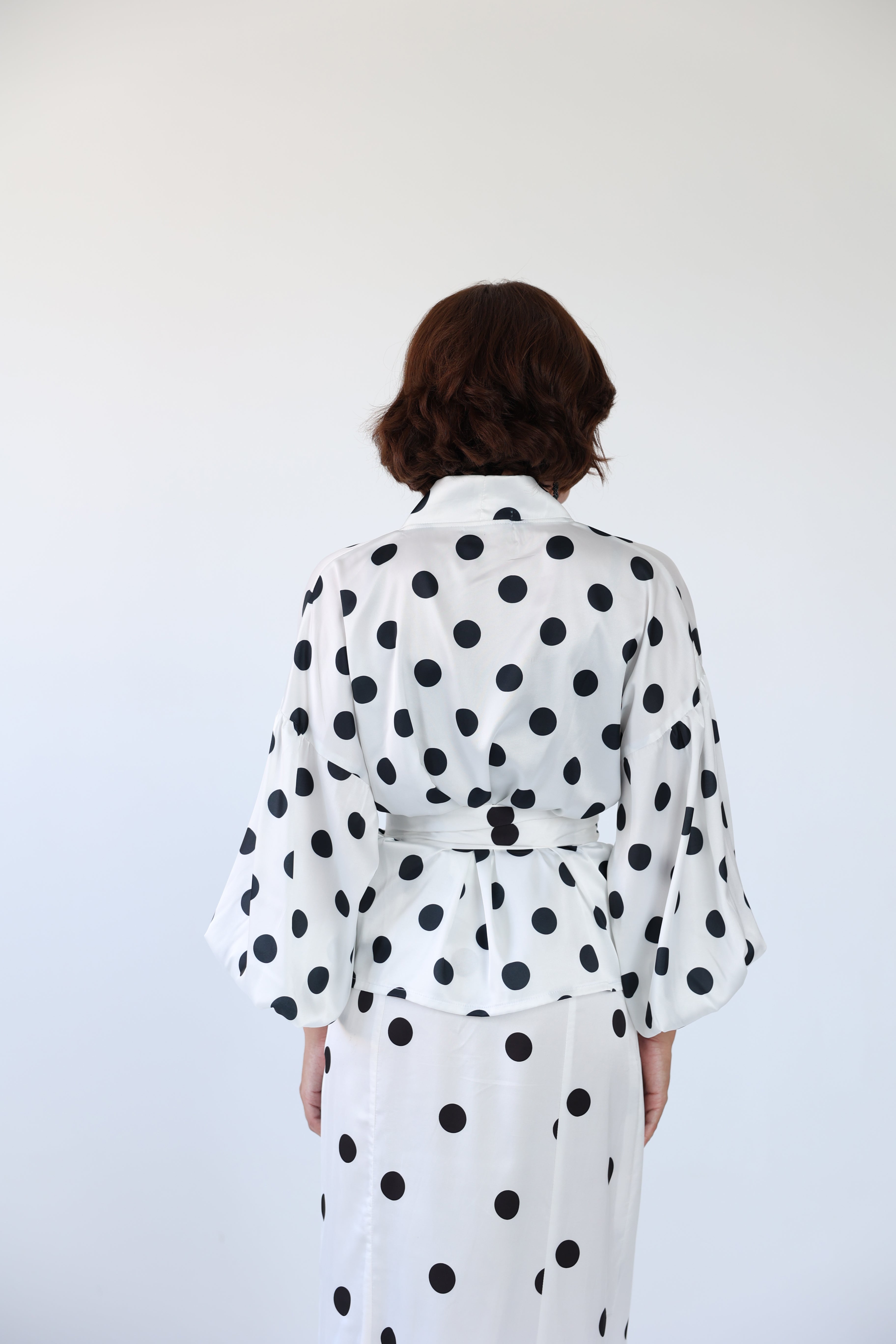 Polka wrap balloon sleeve blouse