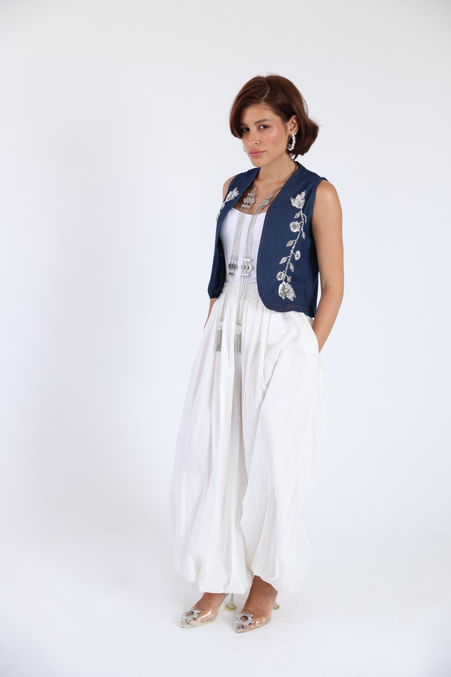 Embroidered denim vest