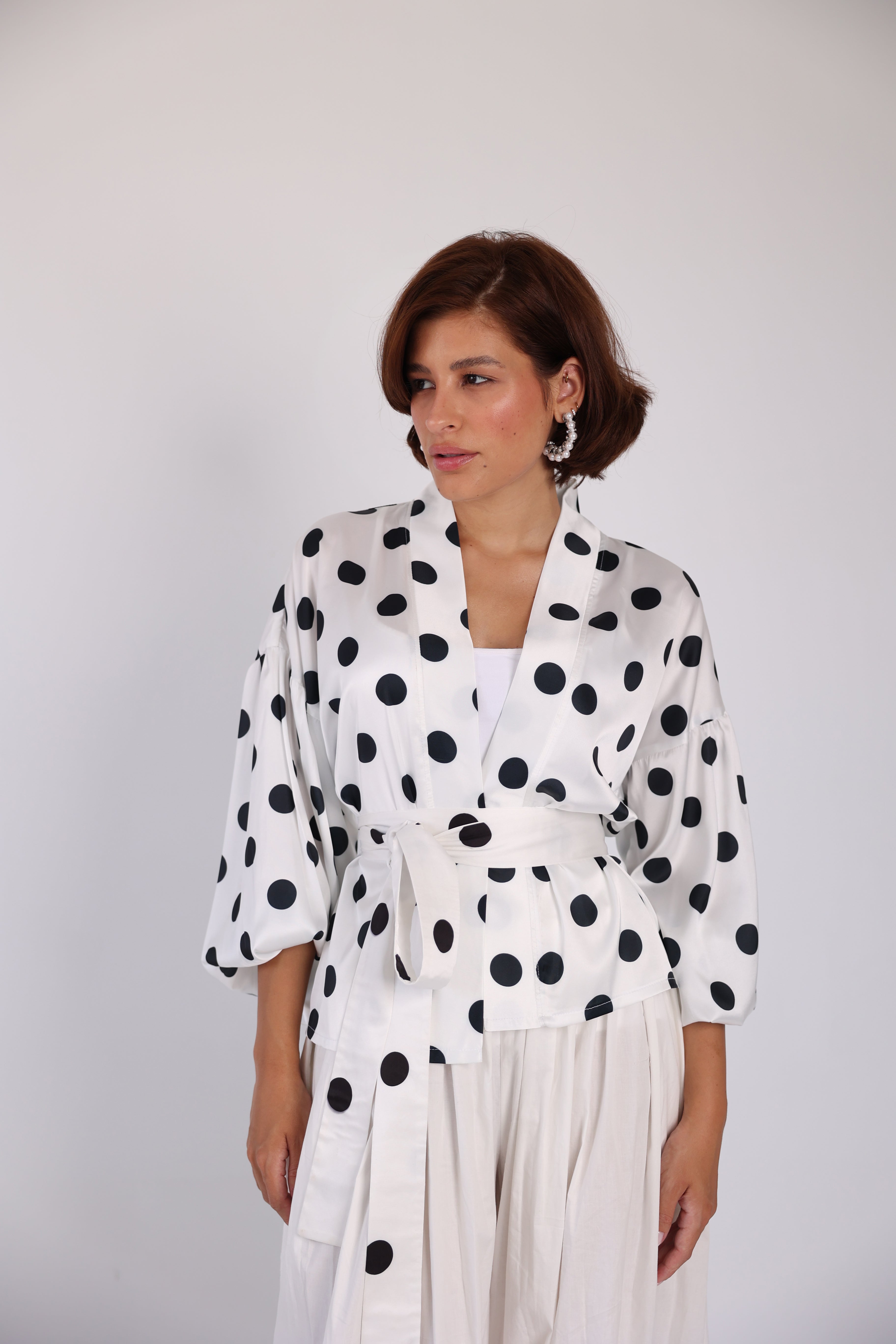 Polka wrap balloon sleeve blouse