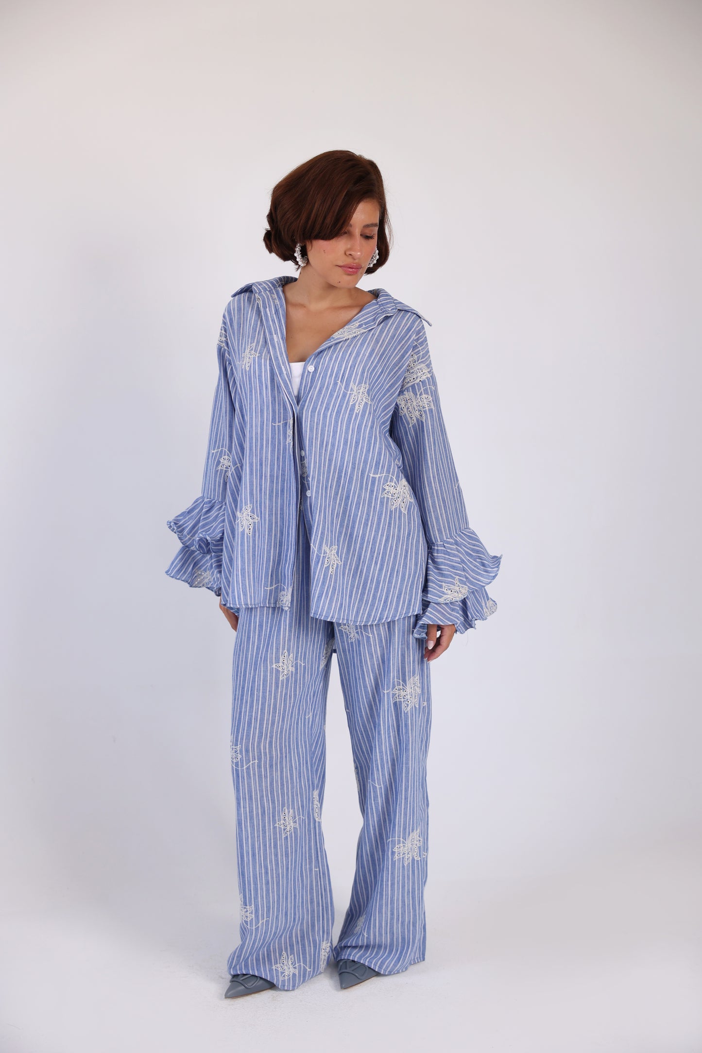 Striped embroidery lenin pants