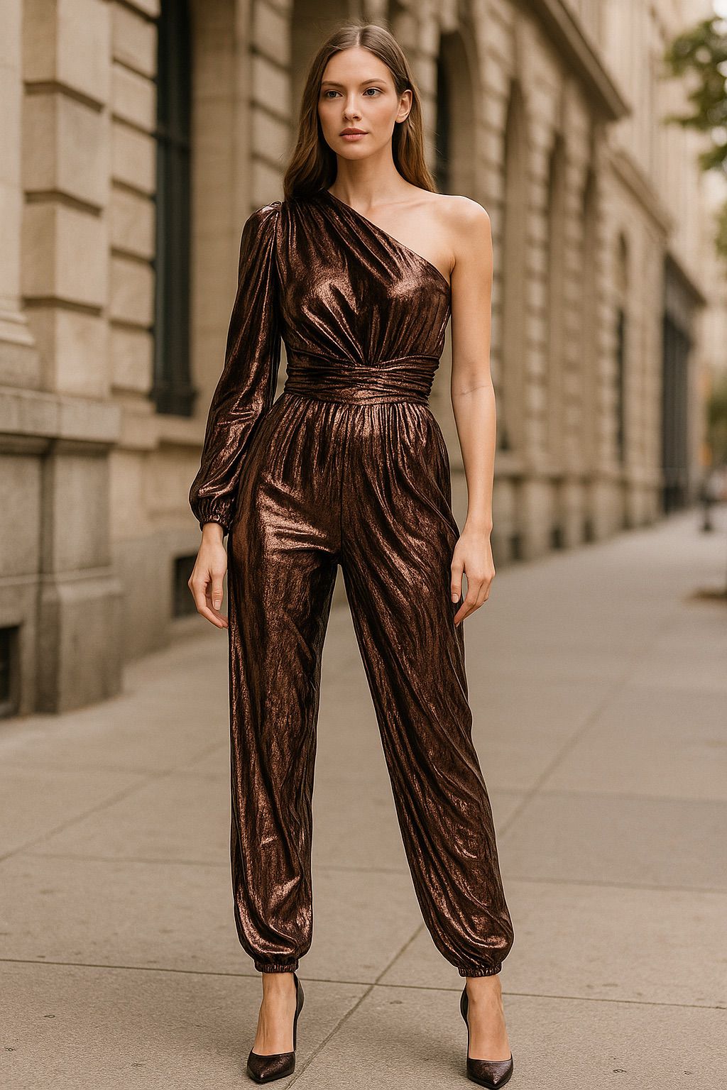 Woman wearing a metallic brown jumpsuit on a city street.