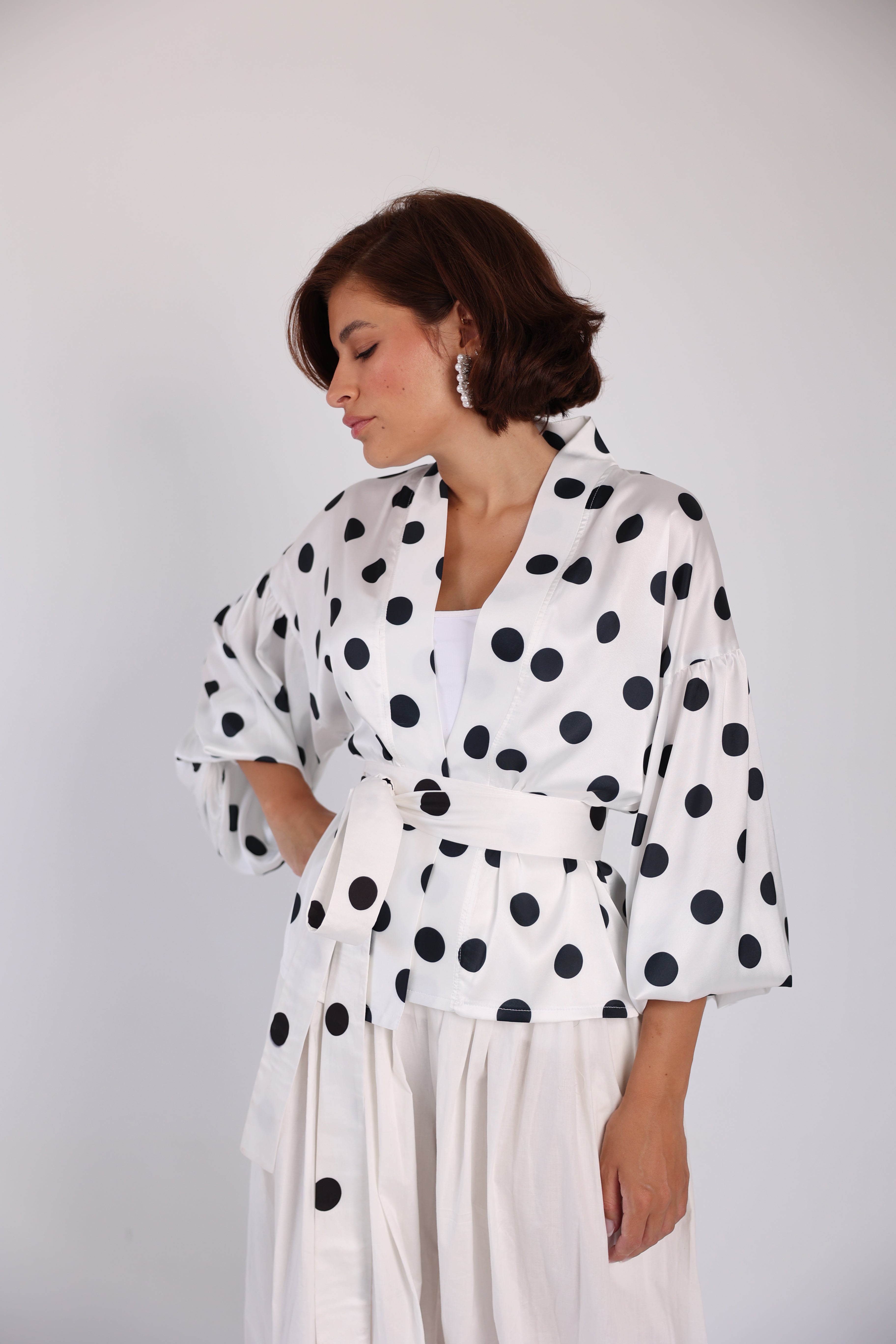 Polka wrap balloon sleeve blouse
