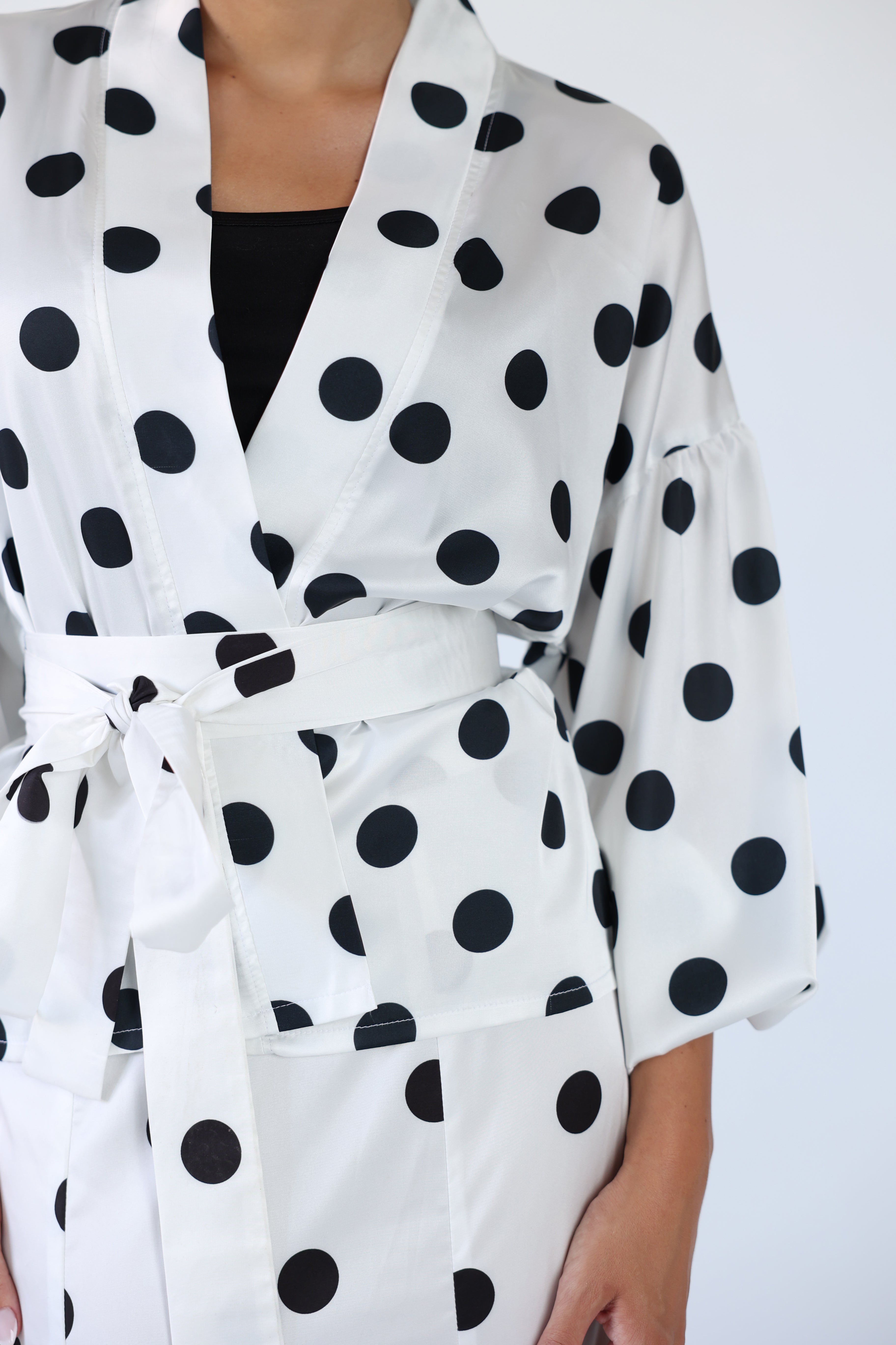 Polka wrap balloon sleeve blouse