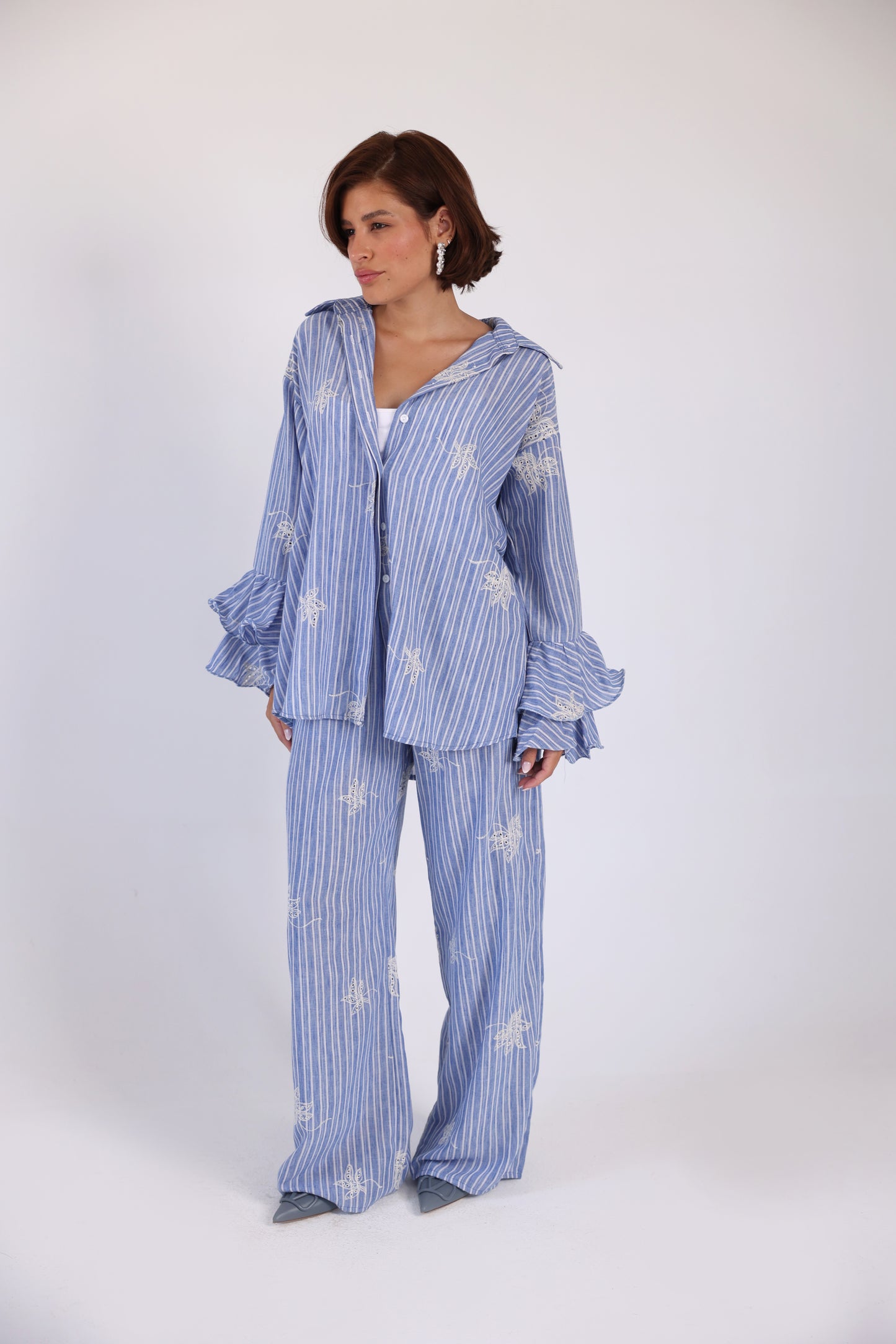 Striped embroidery lenin pants