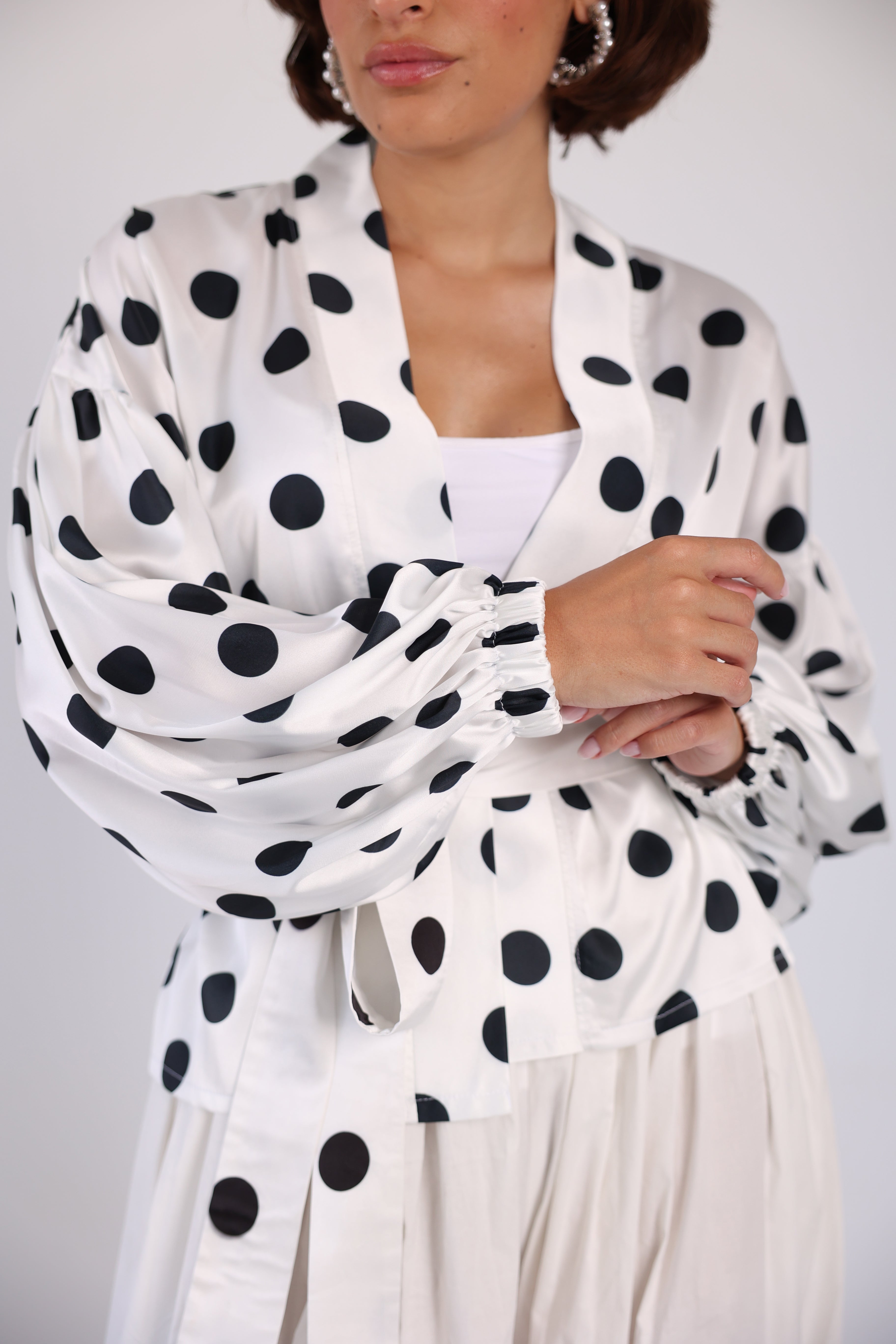 Polka wrap balloon sleeve blouse