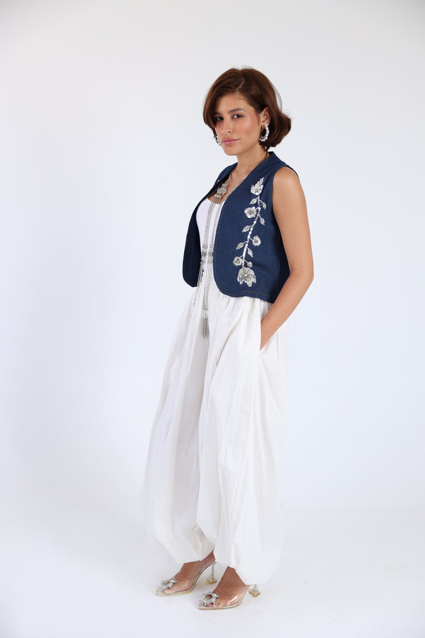 Embroidered denim vest