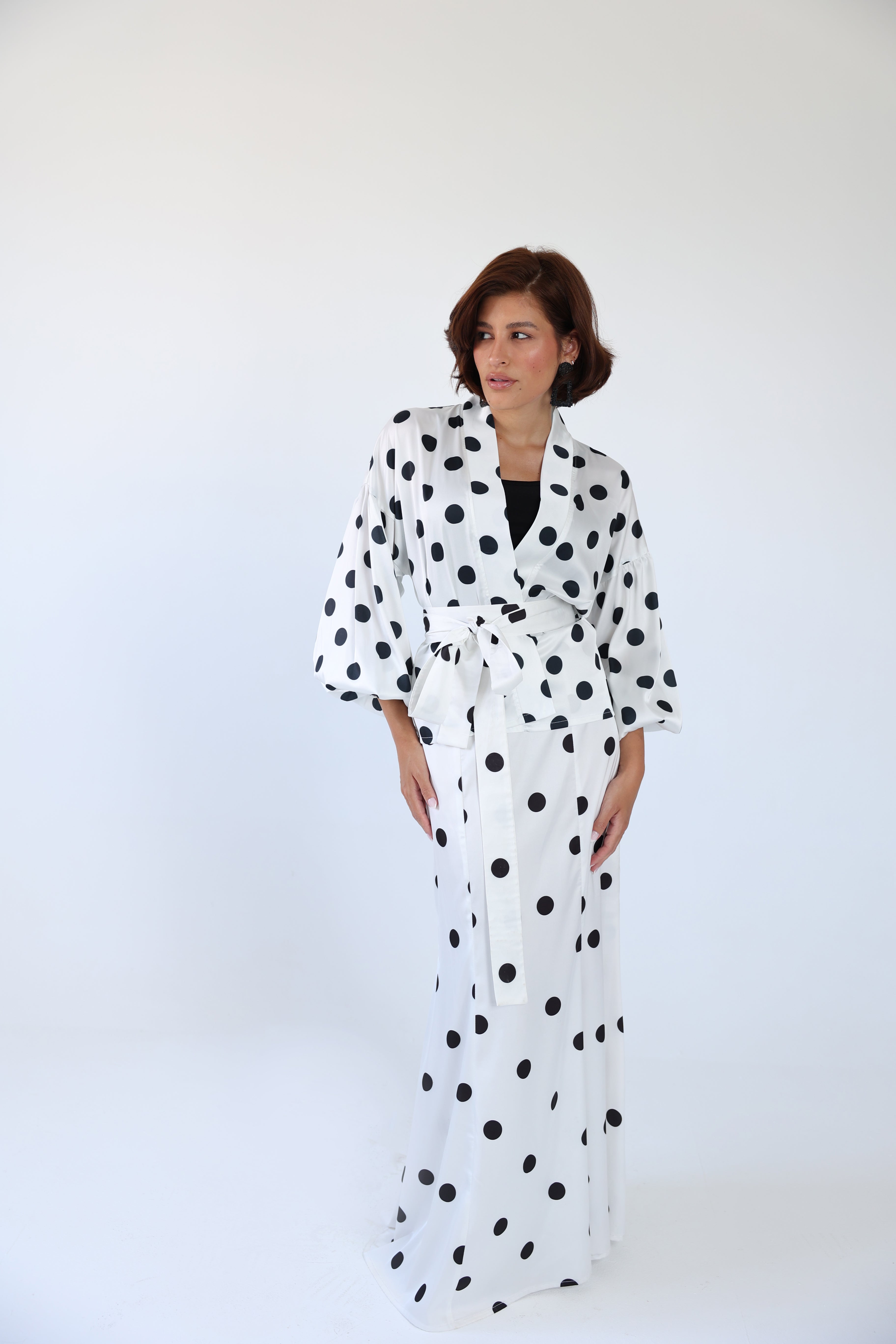 Polka wrap balloon sleeve blouse