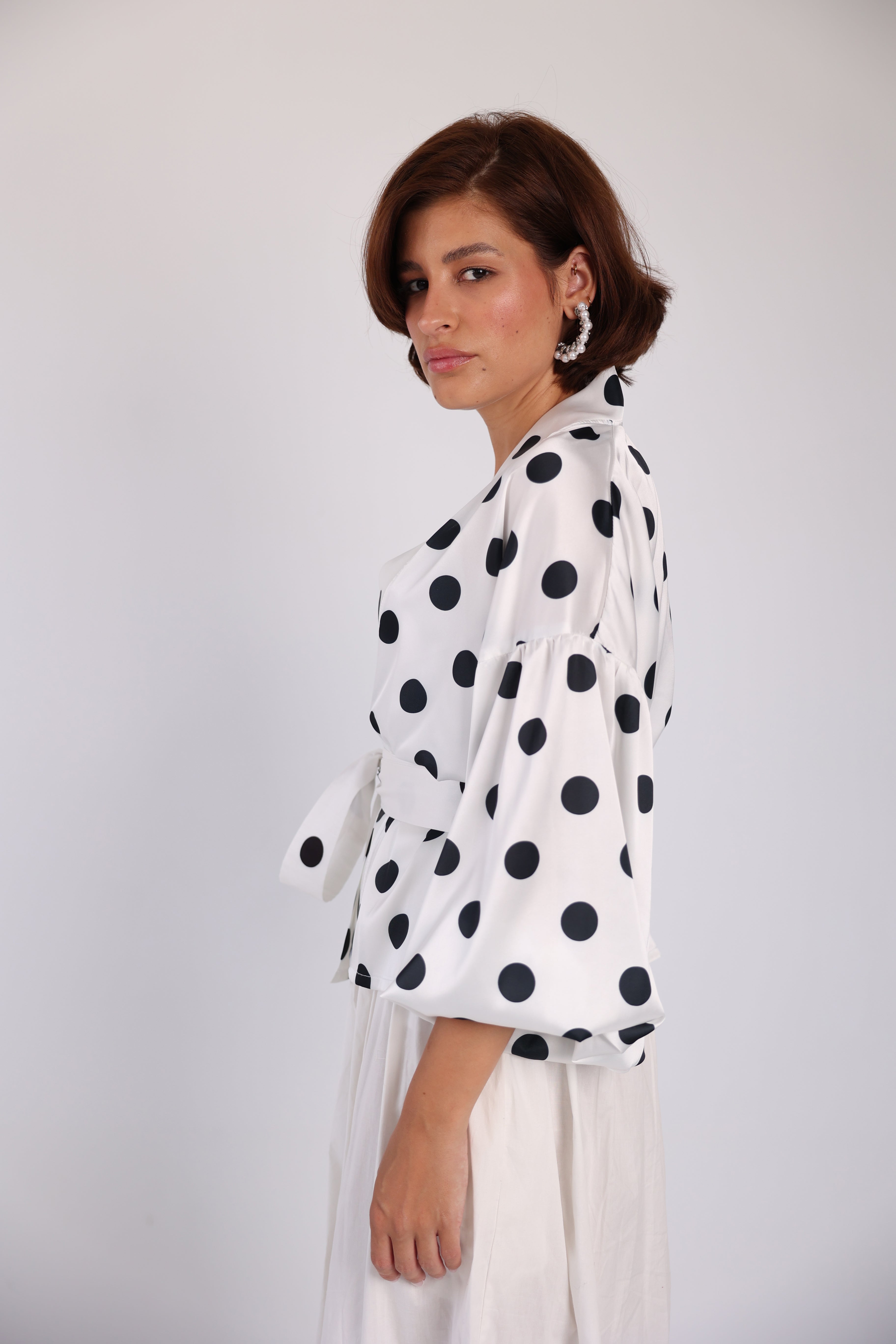 Polka wrap balloon sleeve blouse