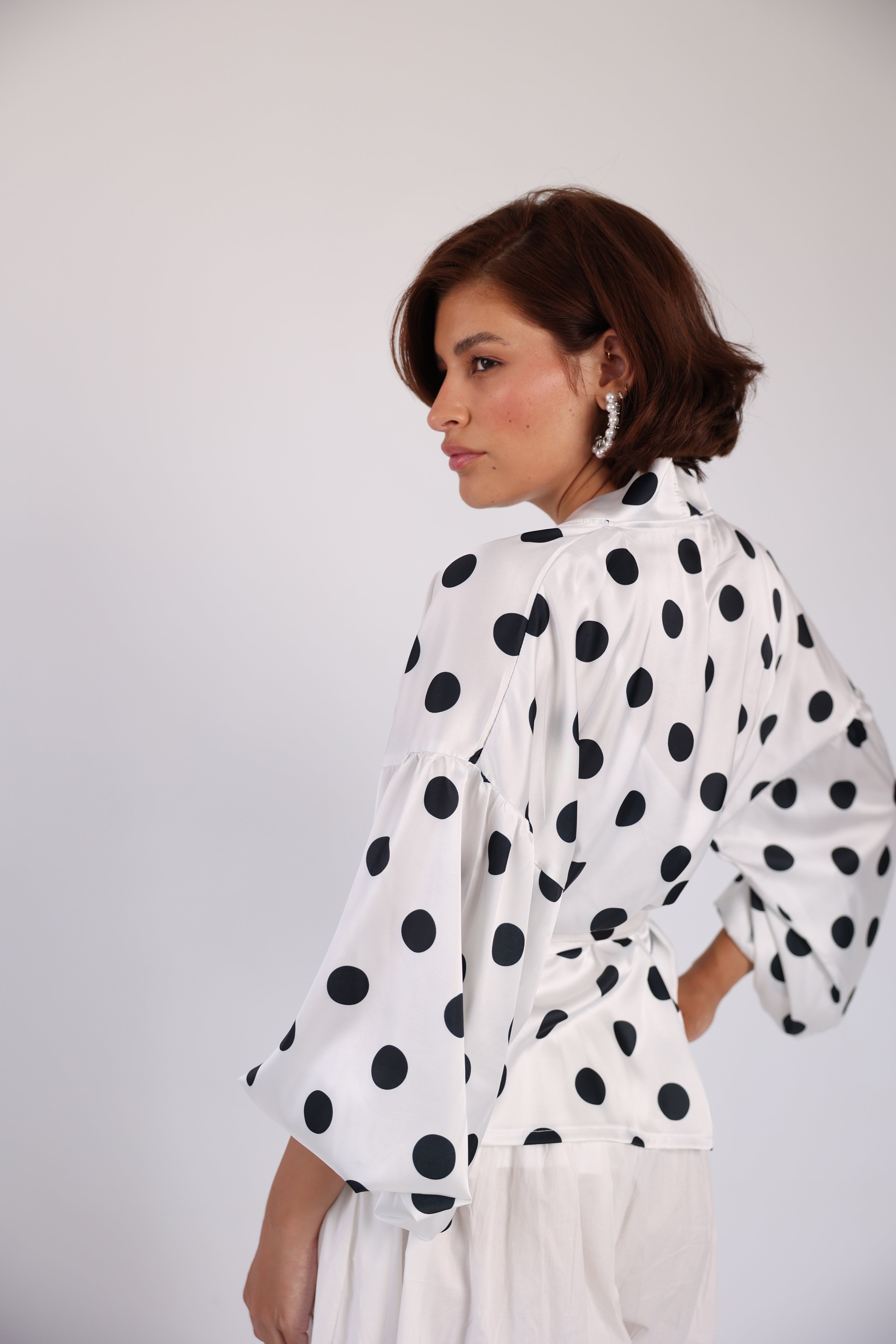 Polka wrap balloon sleeve blouse
