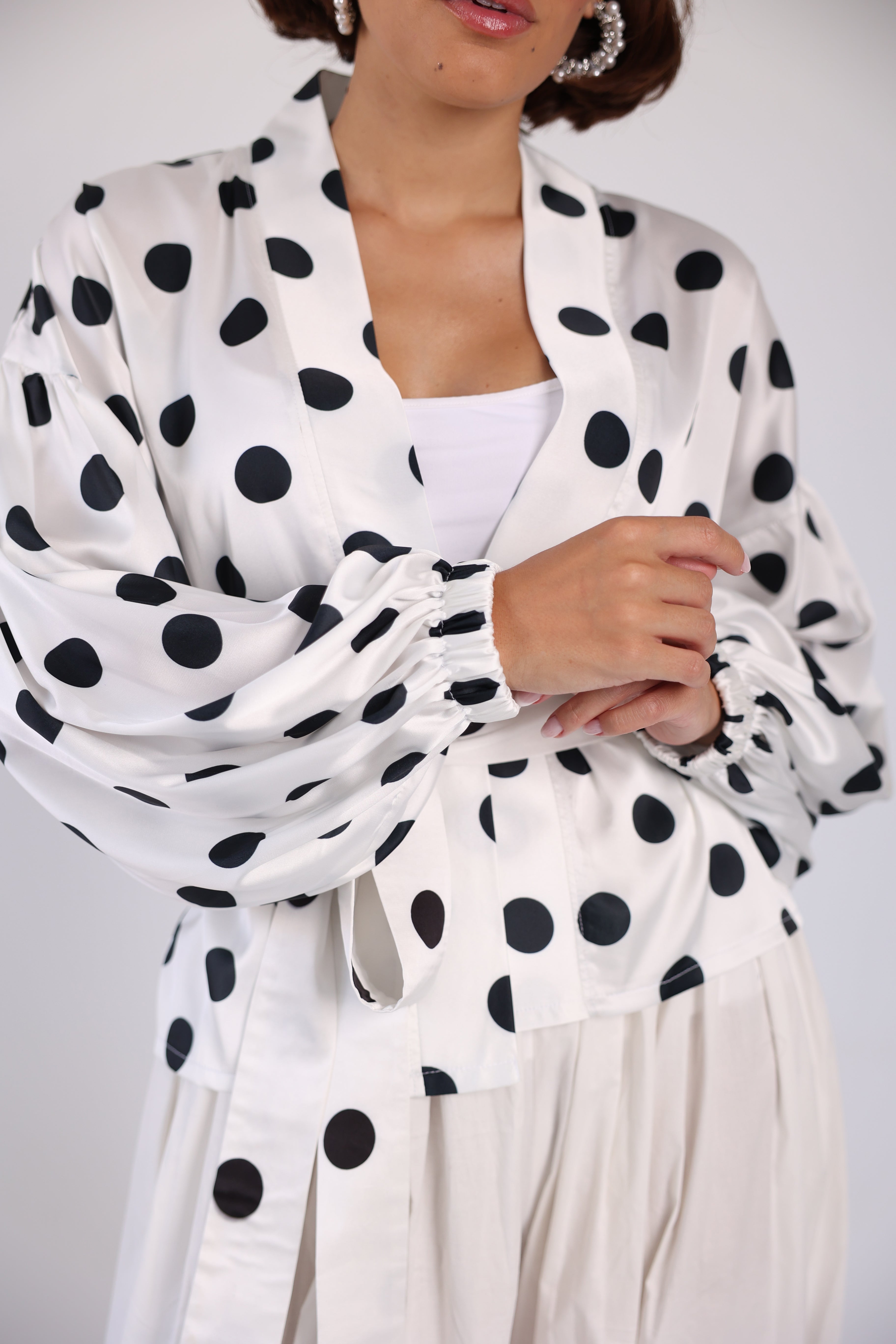 Polka wrap balloon sleeve blouse