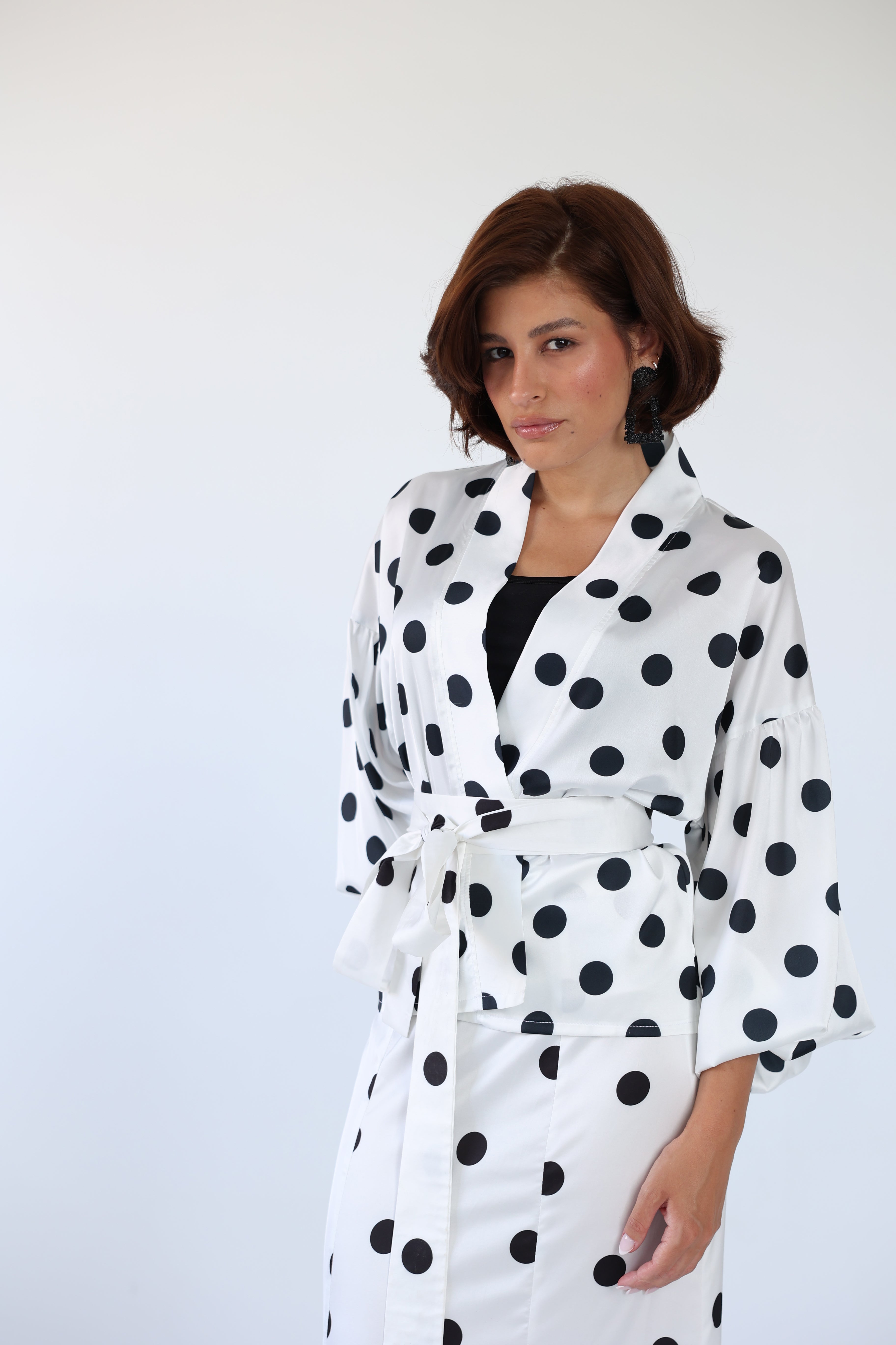 Polka wrap balloon sleeve blouse