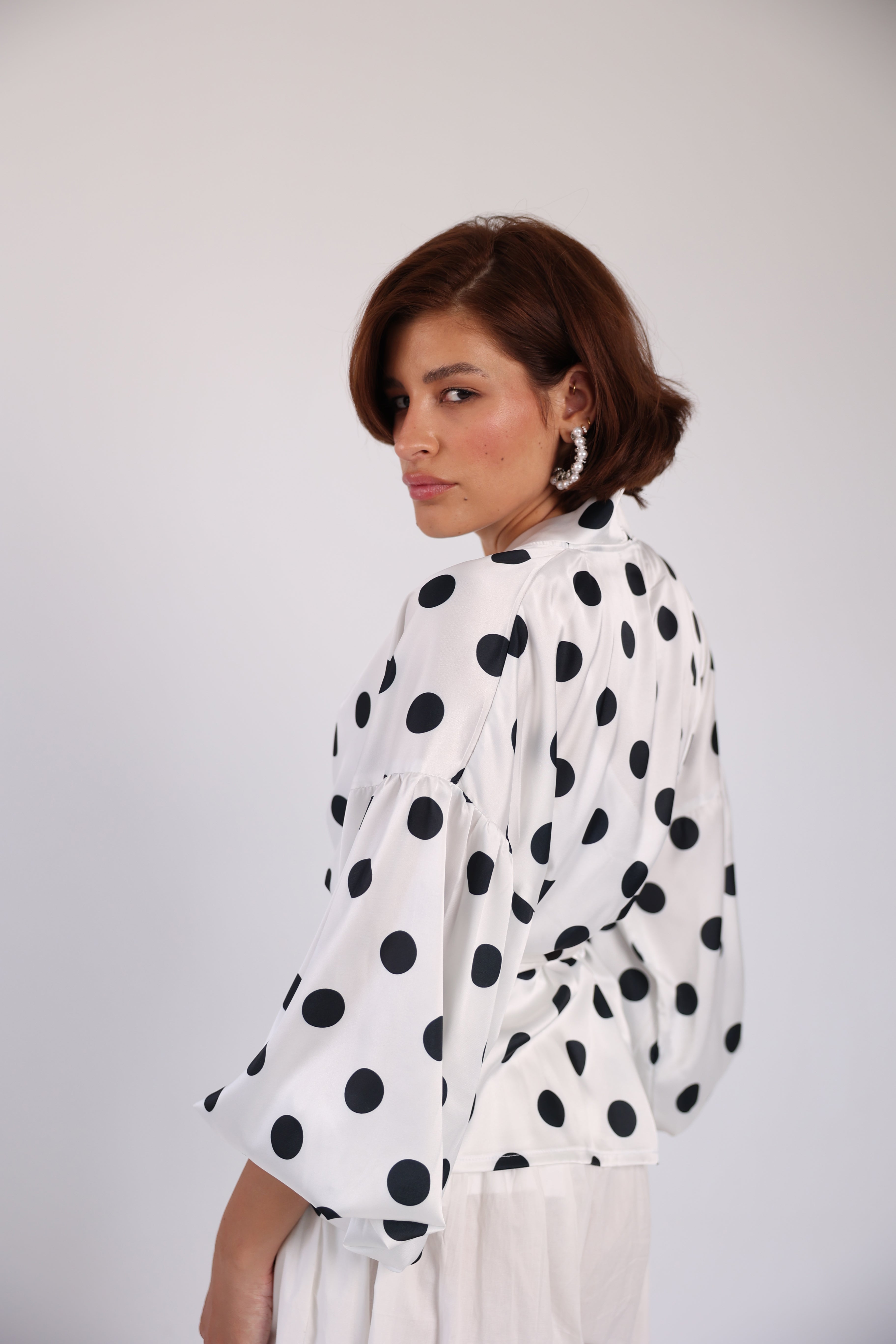 Polka wrap balloon sleeve blouse