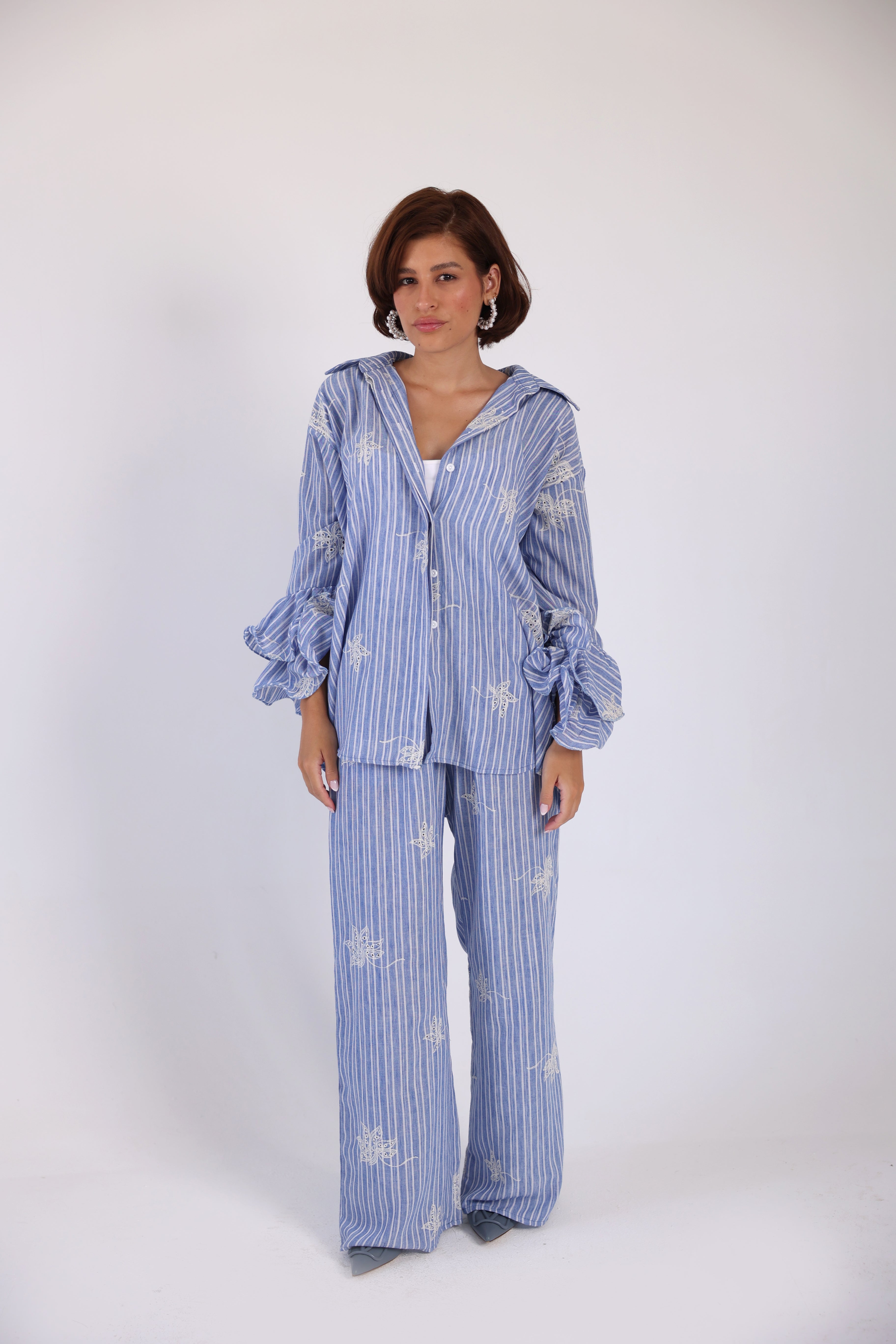 Striped embroidery lenin pants