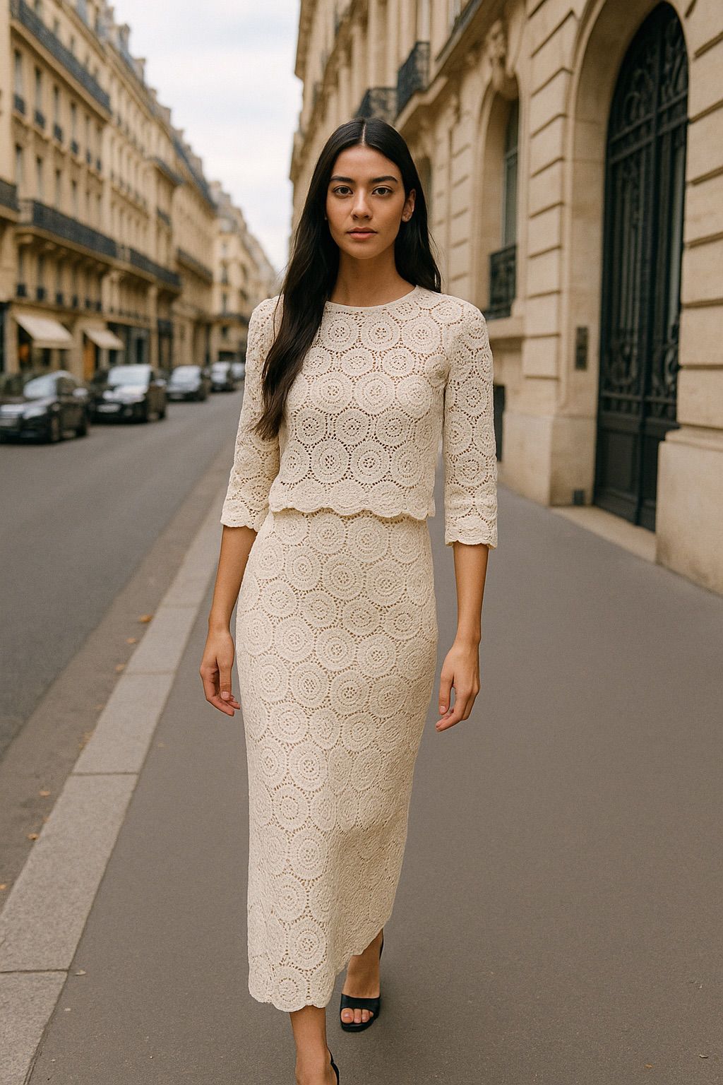 Beige Crochet skirt set