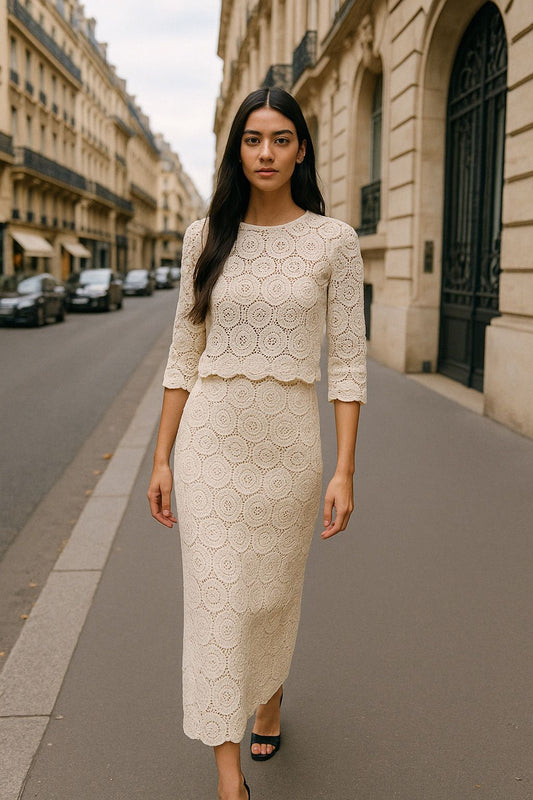 Beige Crochet skirt set