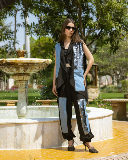 Black sequins denim vest set