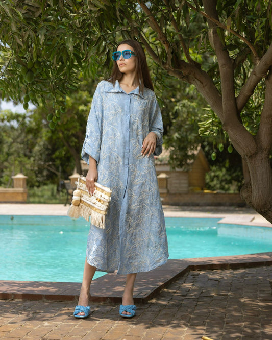 Embroidered lenin shirt dress