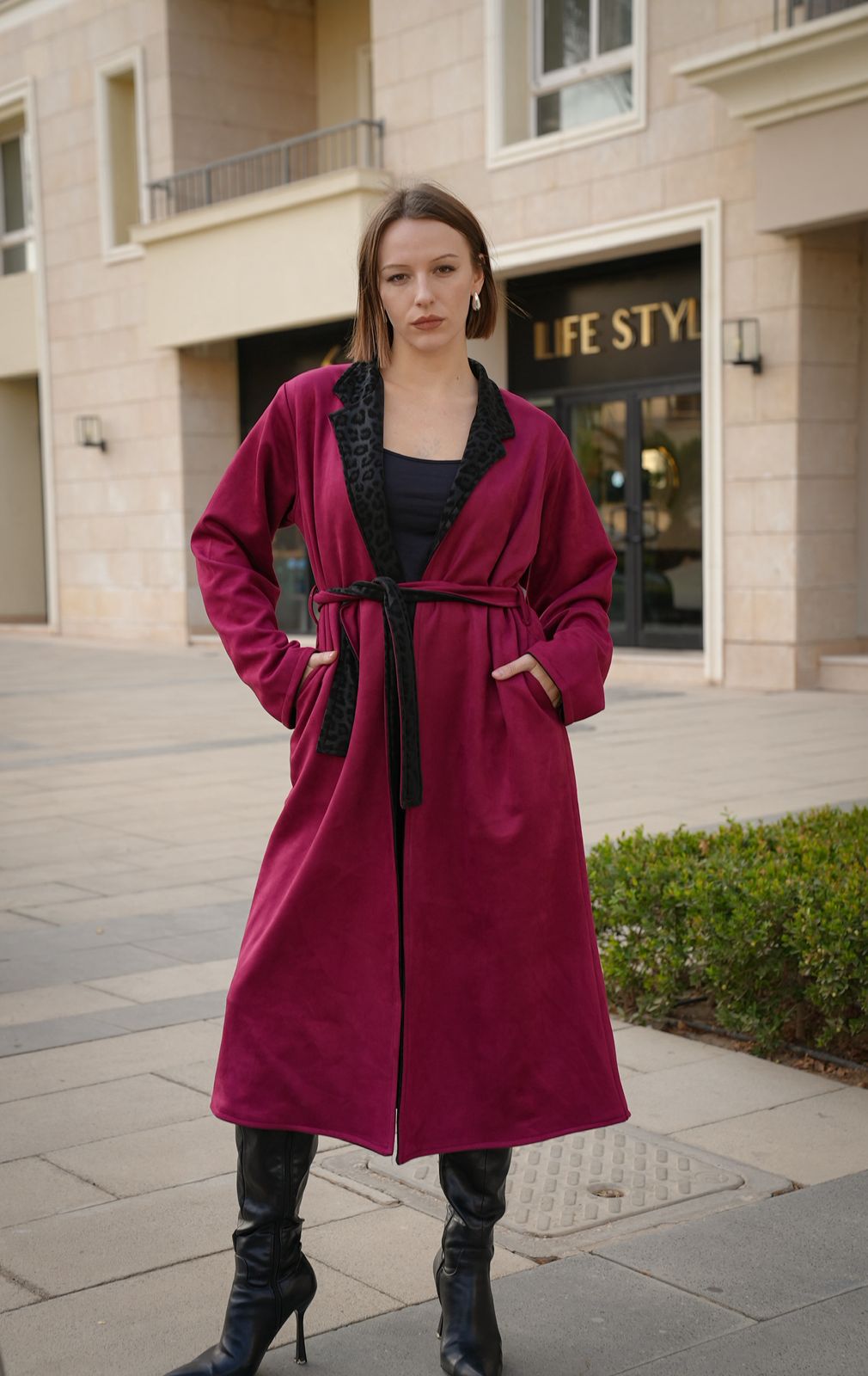 Double face leather burgundy coat