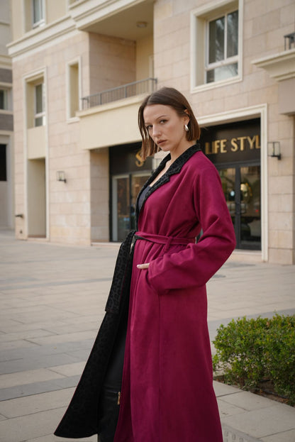 Double face leather burgundy coat