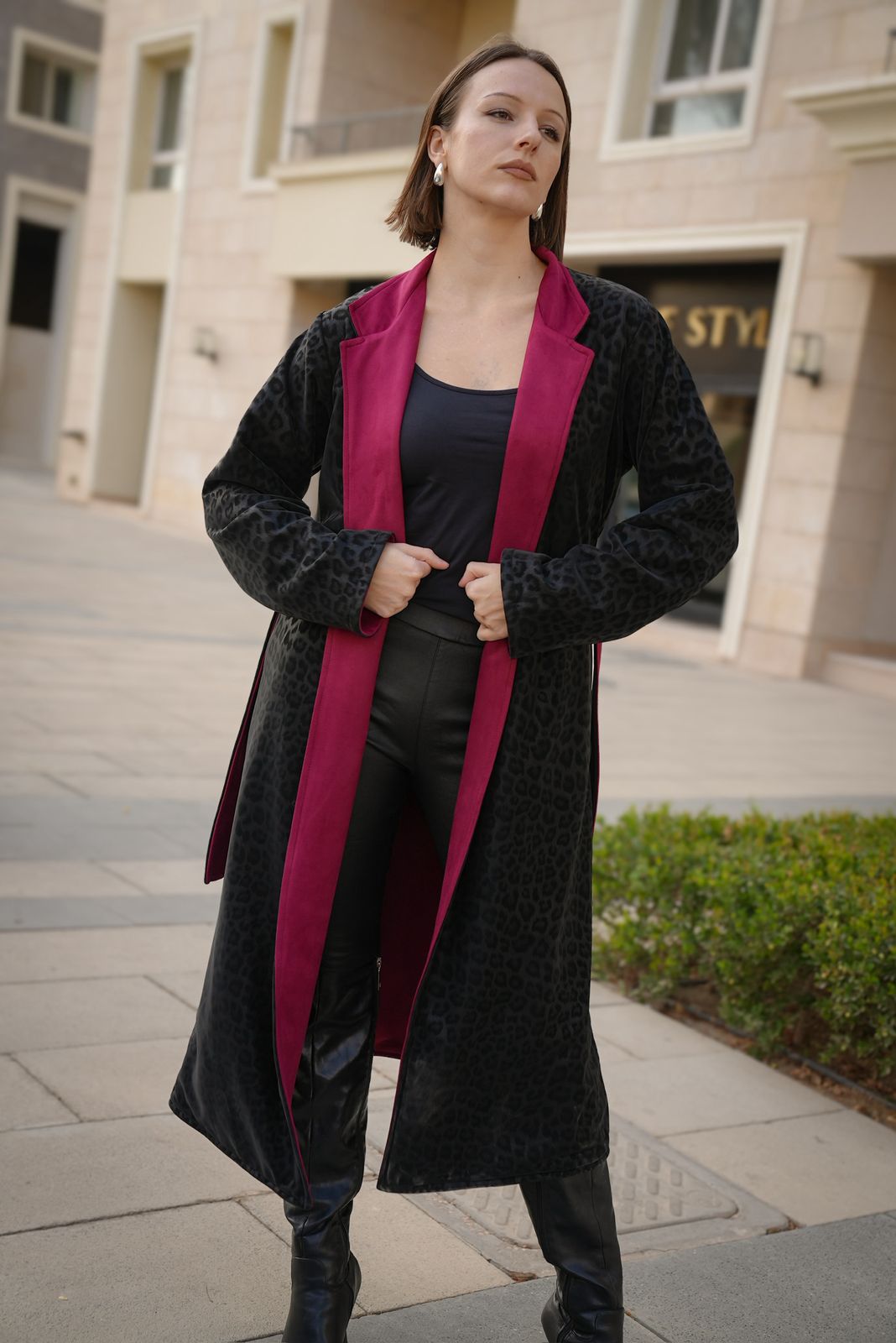 Double face leather burgundy coat