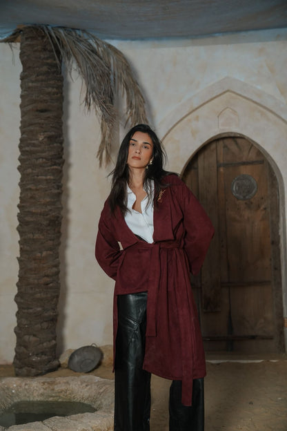 Burgundy suede belted coat
