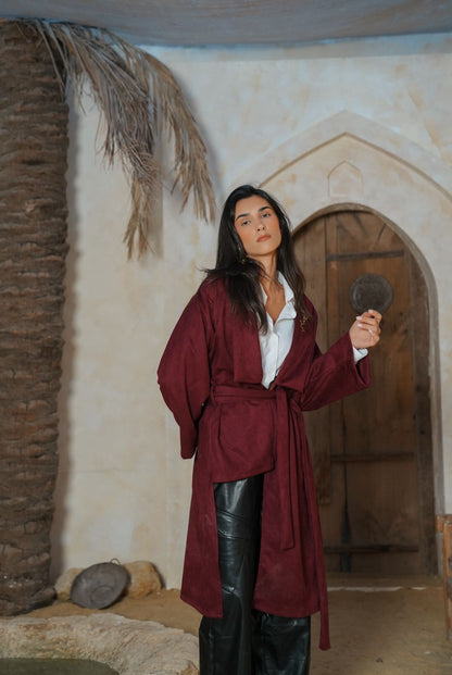 Burgundy suede belted coat