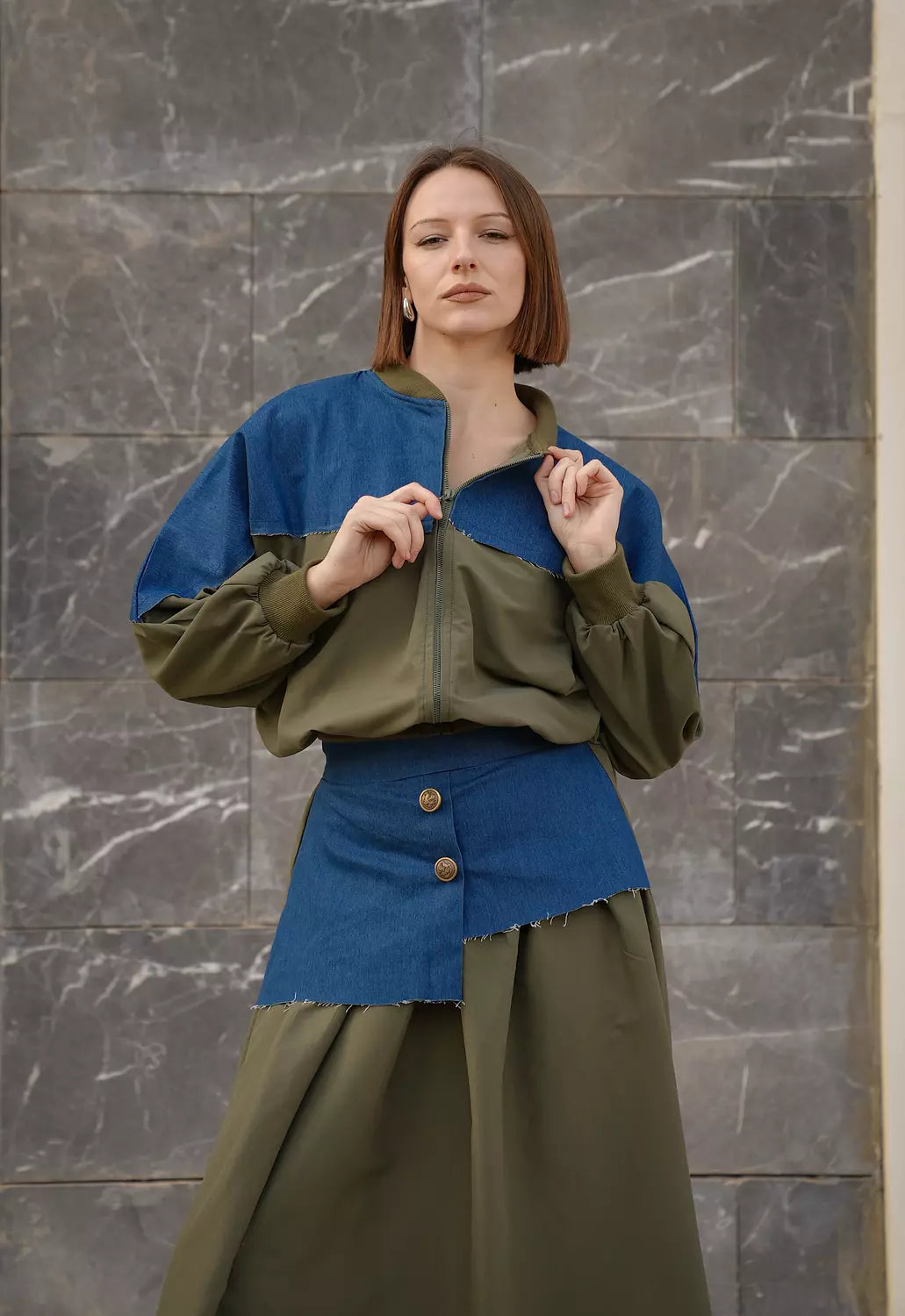 Denim olive skirt set