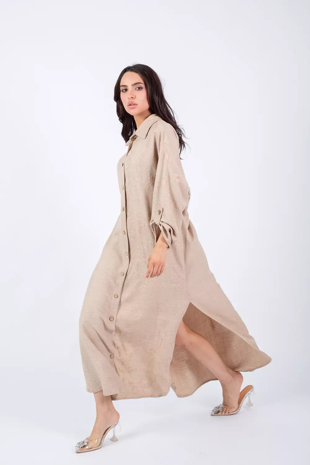 Embroidered beige shirt dress