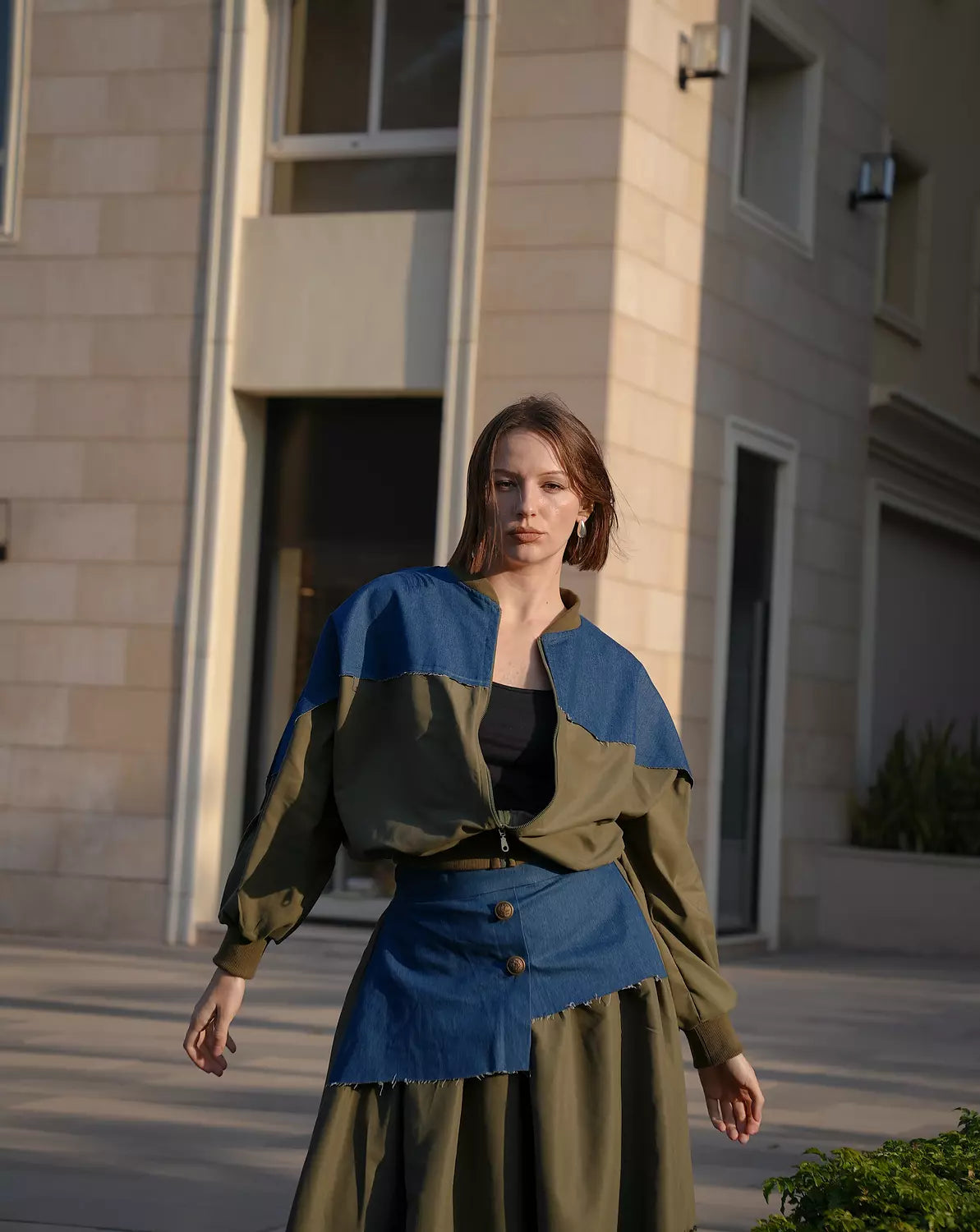 Denim olive skirt set
