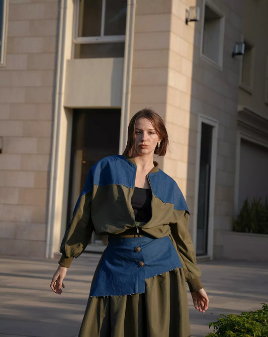 Denim olive skirt set