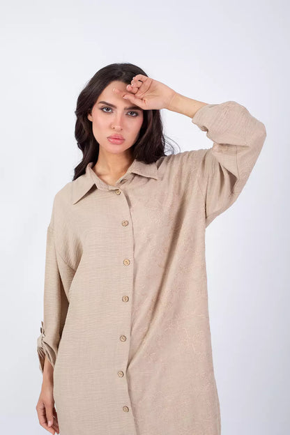 Embroidered beige shirt dress